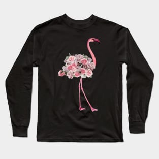 Pink Flamingo and pink flowers roses Long Sleeve T-Shirt